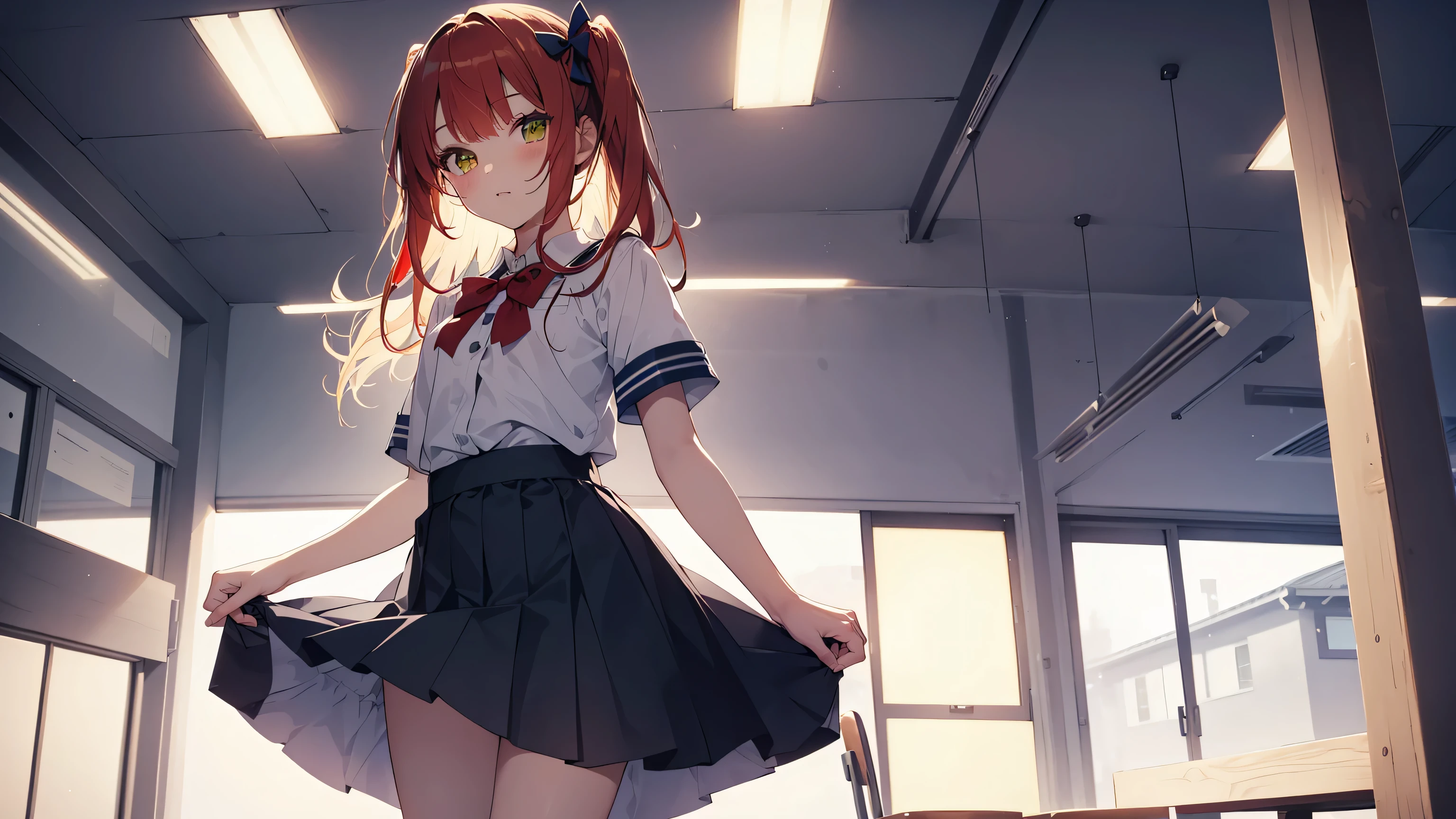 sketch,(defined line),detailed light,((cinematic lighting)),(very detailed face),(very detailed eyes),(((masterpiece))), best quality,perfect eyes, masterpiece , beautiful face, ultra detailed, highres,perfect hands:1.5,(CGI),((official wallpaper)),(realistic:1.2),(light rays),(perfect body:1.5),extremely detailed face,(HDR:1.5),Jewel-like eyes,best quality,emphasis lines:0.4,(skindentation:1.3),detailed gorgeous face, ((beautiful girl:1.5)), olive skin:1.5,(( extremely detailed, hyper detailed)),thick eyelashes,long eyelashes,looking at viewer,((:3))
(single thighhigh:1.5)
petite, petankko, (Big head),flat chest, absurdly long hair, (small girl)
ueno-san_wa_bukiyou01, 1girl, solo, long hair, looking at viewer, smile, open mouth, skirt, red eyes, hair between eyes, twintails, school uniform, standing, white shirt, pantyhose, red hair, pleated skirt, necktie, shoes, serafuku, fang, orange hair, blue skirt, orange eyes, black pantyhose,crossed arms, red necktie, classroom, indoors,dynamic pose,