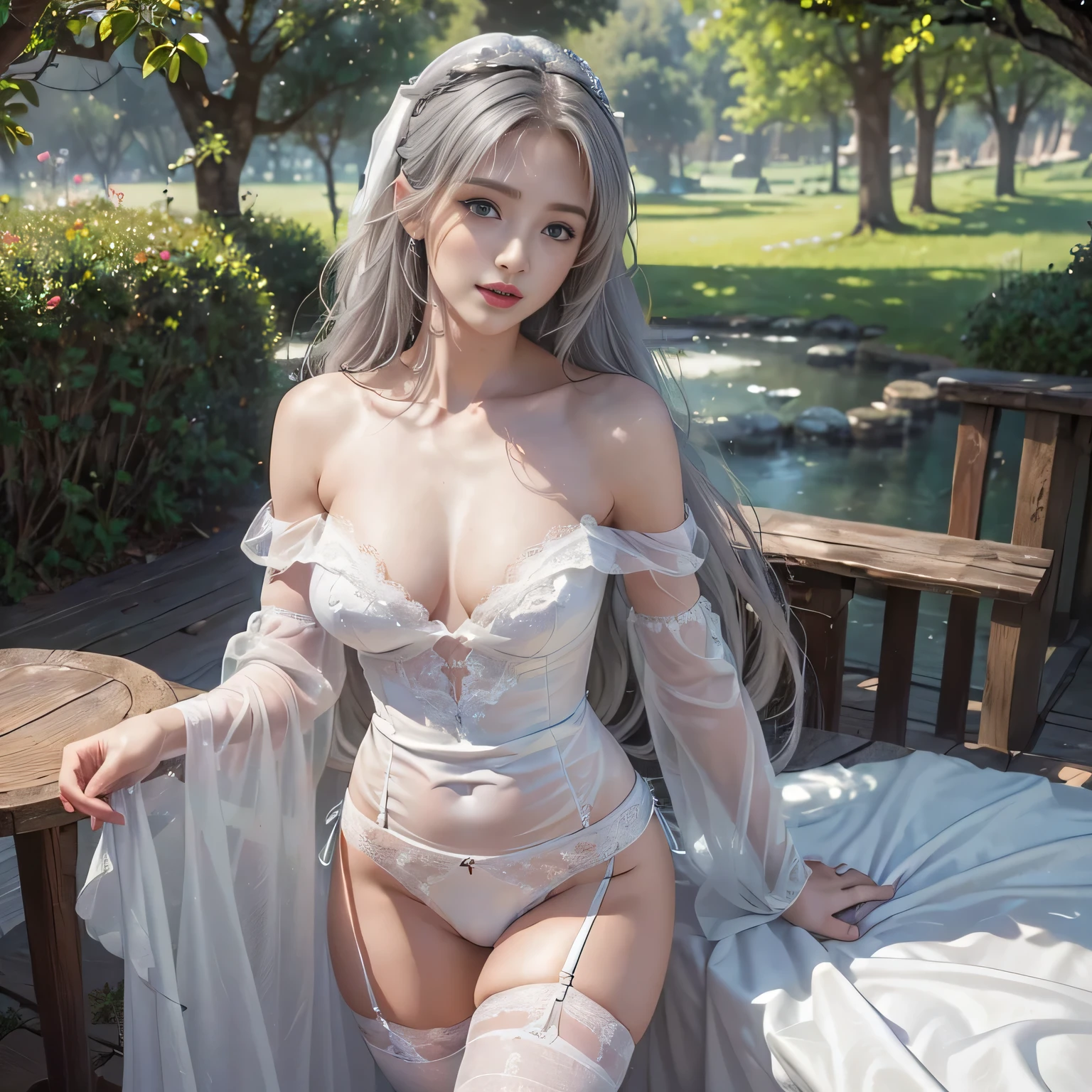((masterpiece:1.4)、(highest quality:1.4)、(realistic:1.7))、Written by Luis Royo(Written by Luis Royo)Surreal portrait of a beautiful girl、超beautiful girl、((1 girl:1.4))、Radiant natural skin texture、author:Written by Luis Royo(Written by Luis Royo)、19 years old、(upper arm:1.4、two legs:1.4)、(perfect anatomy:1.4)、(perfect female body:1.4)、girl portrait photography、close up photo、full body shot、((table top:1.4), (highest qualityの:1.4), (realistic:1.7), Written by Luis Royo, beautiful girl, 超beautiful girl, ((1 girl:1. 4), Radiant natural skin texture, author: Written by Luis Royo, 19 years old, (perfect female body: 1.4), (perfect female body: 1.) 4), girl portrait photography, close up photo, (full body photo), fantasy art, soft front light, beautiful expression, cute face, beautiful breasts, big breasts: 1. 2, beautiful butt, fine eyes, Clear and eye-catching, beautiful and attractive, beautiful eyes, thin waist, RAW photo, red lips, ((gray hair, long hair)) , 1 screen view, ), (sexy posture), (milky way in the sky),((Transparent off-shoulder pure white dress)),((T-back panties))、((white garter and garter belt))、(laughter)、