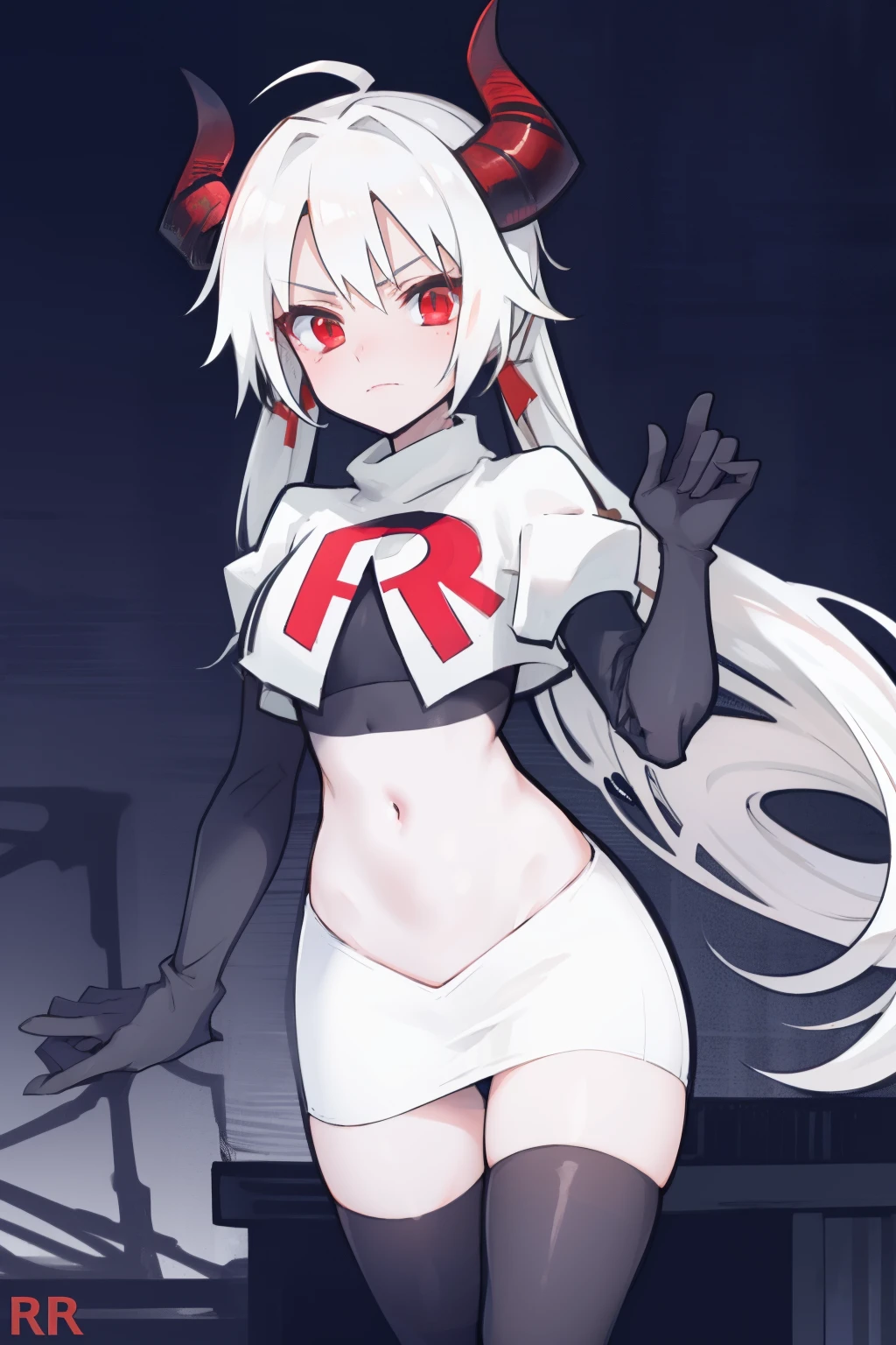 masterpiece, best quality, red eyes, white hair, twintails,ahoge,black hair ribbons,demon horns, demon tail,team rocket,team rocket uniform,white skirt,red letter R,crop top,black thigh-highs,black elbow gloves, comic strip, holding sword,