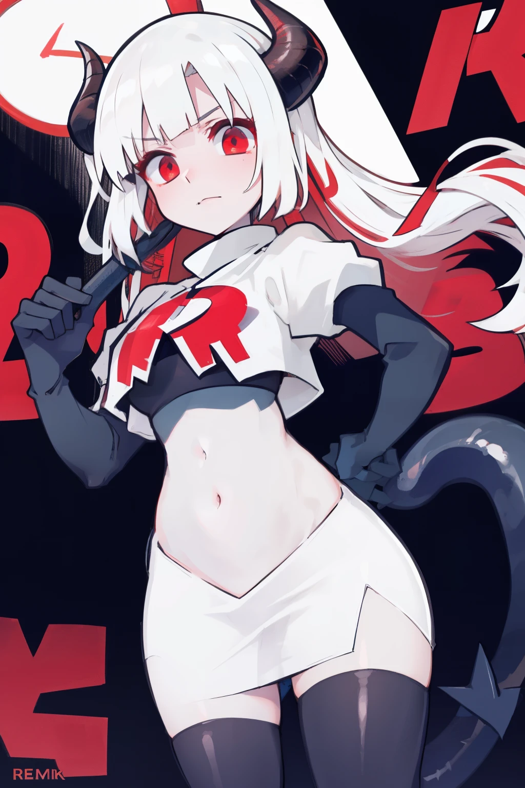 masterpiece, best quality, red eyes, white hair, twintails,ahoge,black hair ribbons,demon horns, demon tail,team rocket,team rocket uniform,white skirt,red letter R,crop top,black thigh-highs,black elbow gloves, comic strip, holding sword,
