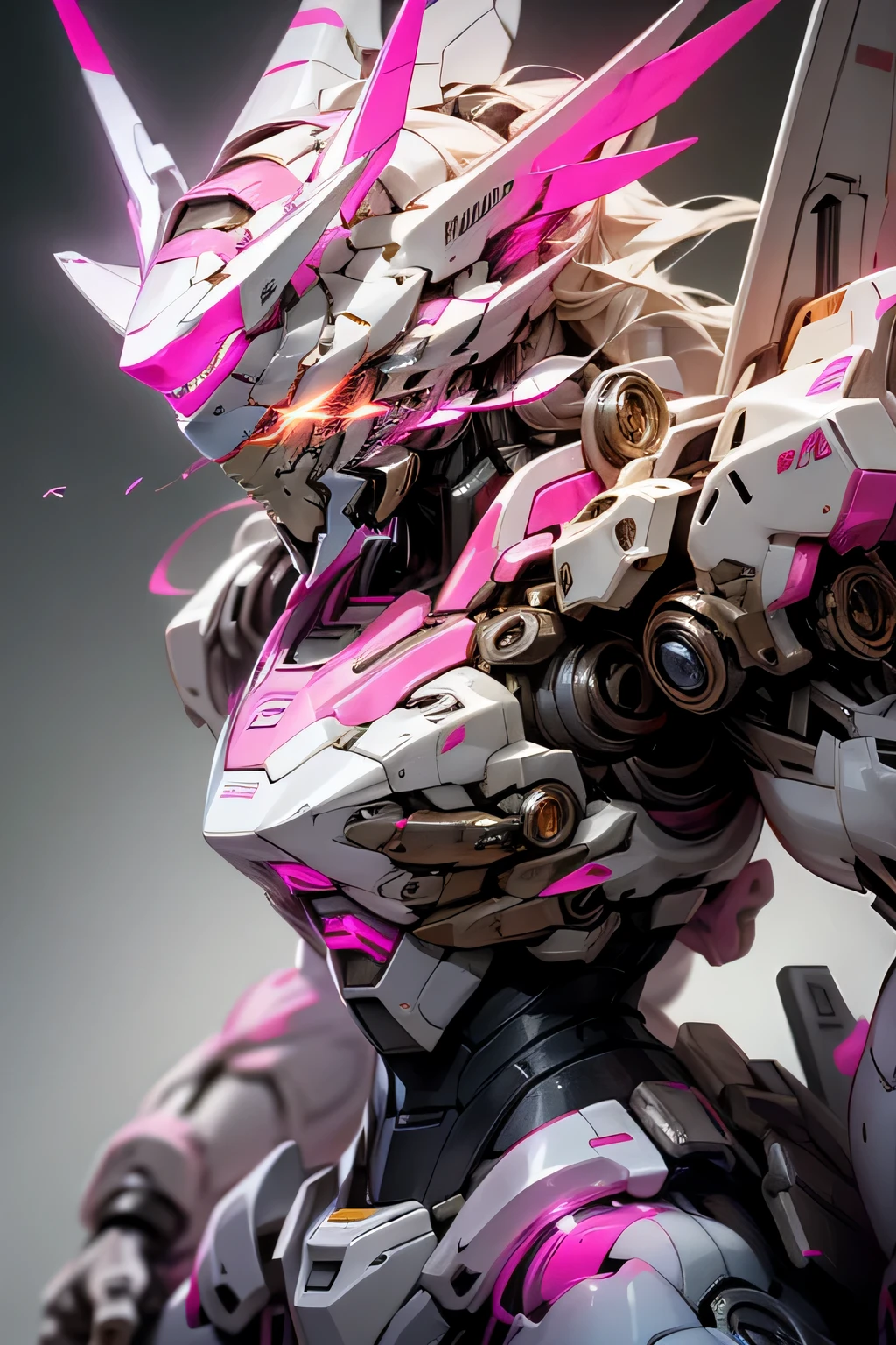 (white mecha), pink trim, glowing white eyes with after-effect, mechanical whip, 4k