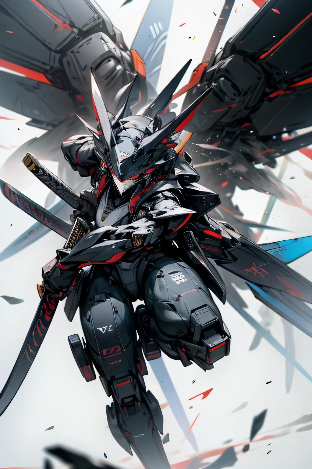 black mecha, mecha wing backpack, wielding dual katanas, chbibi style, 4k