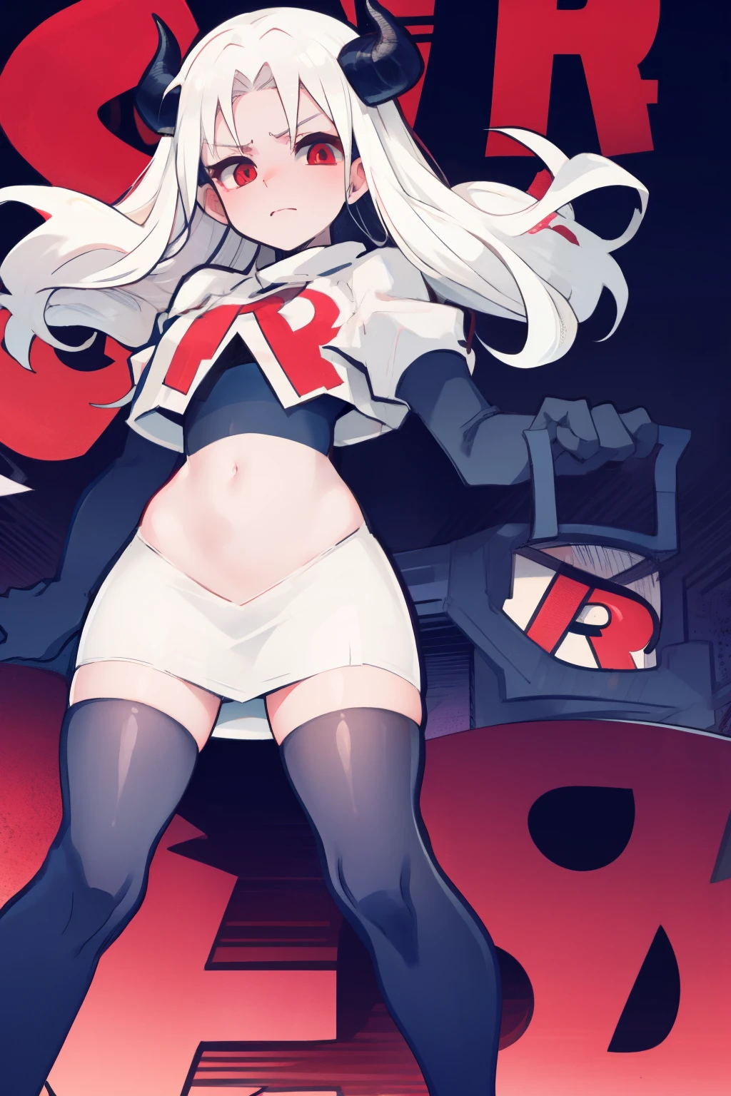 masterpiece, best quality, red eyes, white hair, twintails,ahoge,black hair ribbons,demon horns, demon tail,team rocket,team rocket uniform,white skirt,red letter R,crop top,black thigh-highs,black elbow gloves, comic strip,
