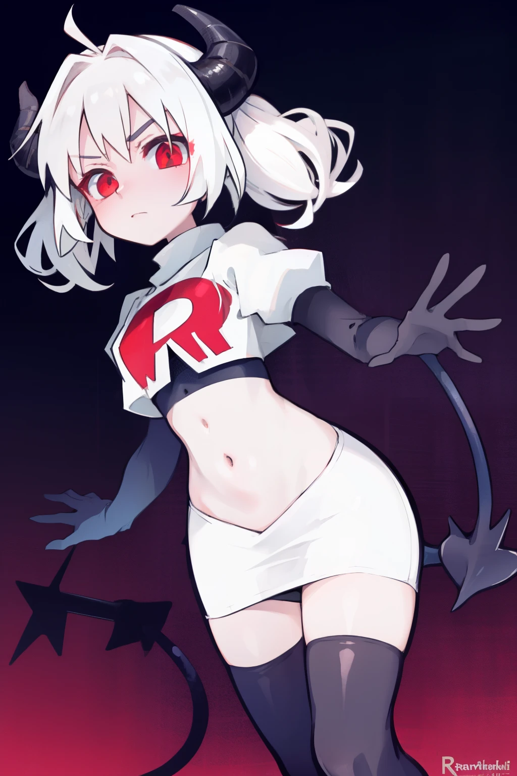 masterpiece, best quality, red eyes, white hair, twintails,ahoge,black hair ribbons,demon horns, demon tail,team rocket,team rocket uniform,white skirt,red letter R,crop top,black thigh-highs,black elbow gloves, comic strip,