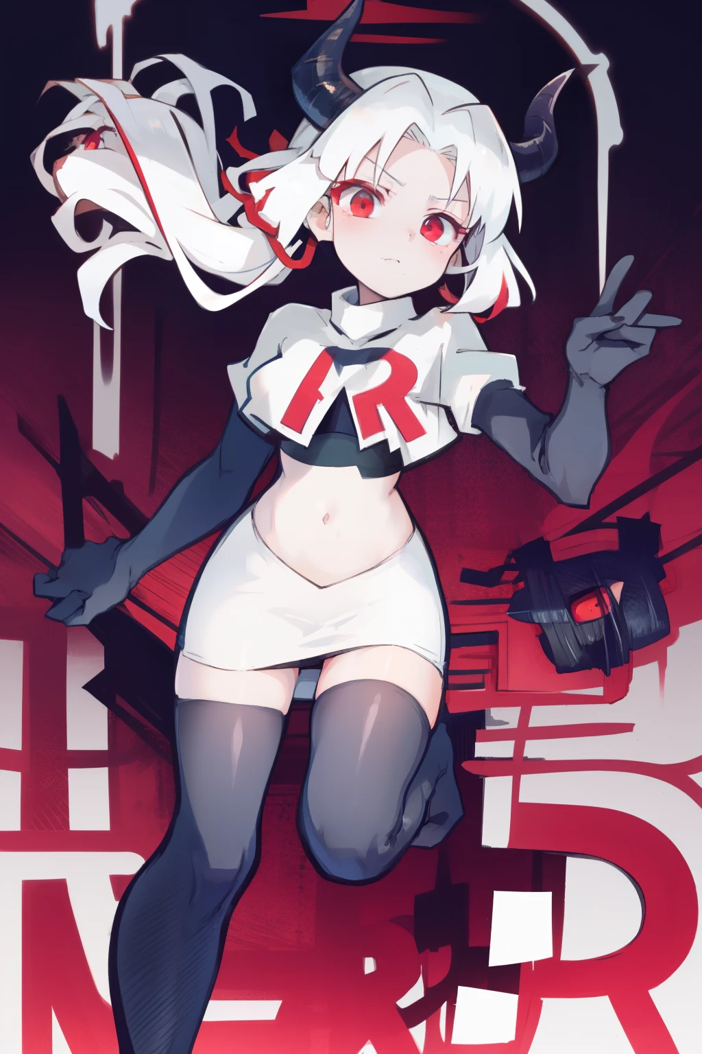 masterpiece, best quality, red eyes, white hair, twintails,ahoge,black hair ribbons,demon horns, demon tail,team rocket,team rocket uniform,white skirt,red letter R,crop top,black thigh-highs,black elbow gloves, comic strip,