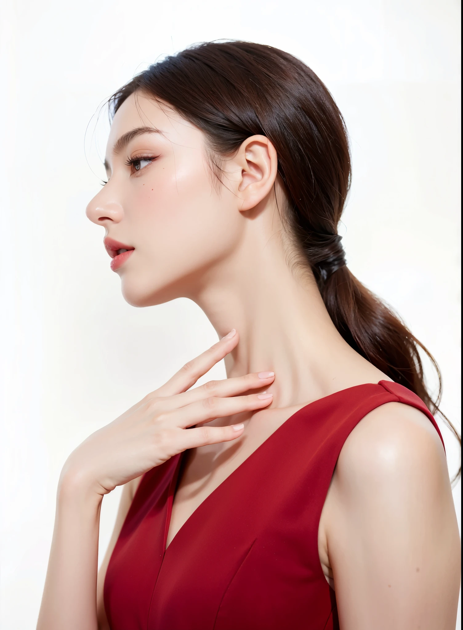 arafed woman in a red dress with her hand on her neck, attractive neck, neck visible, tight around neck, shorter neck, pointed chin, on a young beautiful woman neck, woman with porcelain skin, prominent jawline, elegant profile pose, focused on her neck, thick neck, wearing collar on neck, neckline, focused on neck, neck wrinkles