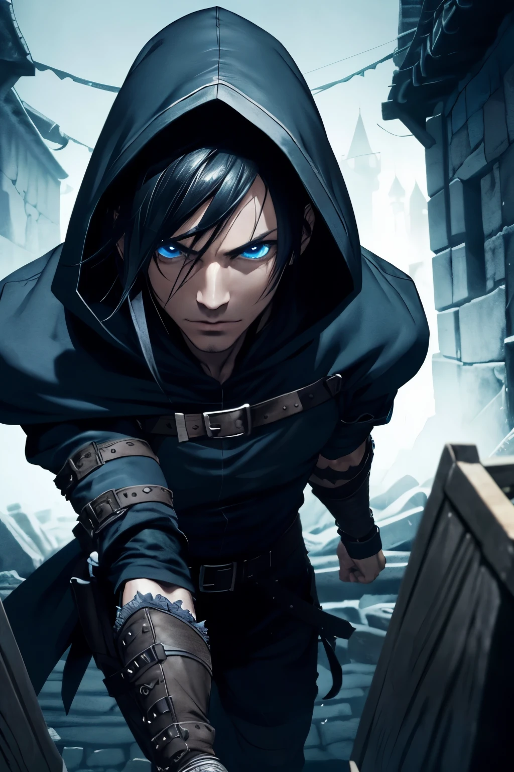 (extremely detailed 8k wallpaper), a medium shot of a fearful rogue, male, male focus, black hair, blue eyes, black clothing, hooded, medieval, intricate, high detail