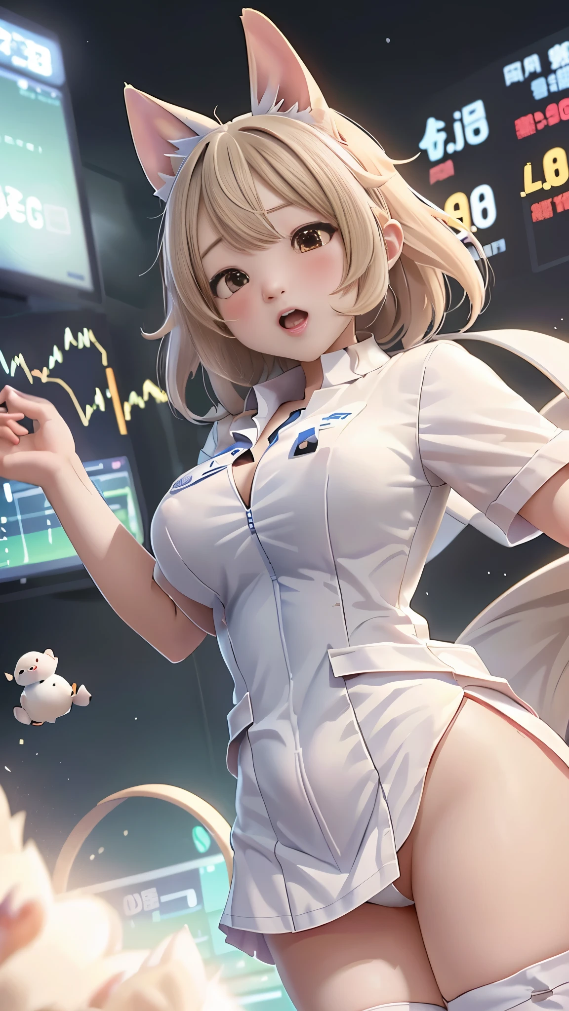 It depicts a scene where stock prices are surging rapidly. In this image, include a cute character who is being targeted by someone named Tonpin. Additionally, portray the rapid increase in short selling and the accumulation of its effects.