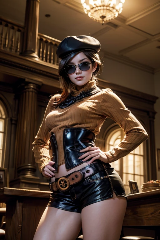 (masterpiece,stunning girlfriend, (standing:1.1), dynamic pose, heart shaped face, elegant face, beautiful face, highly detailed face, highly detailed skin, skin pores, subsurface scattering, realistic pupils, loving smile, looking at viewer, full face blush, full lips, detailed background, depth of field, atmospheric perspective, volumetric lighting, sharp focus, absurdres, realistic proportions, good anatomy, (realistic, hyperrealistic:1.4), 16k hdr, (masterpiece, best quality:1.2), cowboy shot, solo, 1girl, coco adel, grin, looking at viewer, hand on hip, beret, orange sweater, corset, black gloves, shorts, jewelry, belt, bandolier, sunglasses, night, moon, standing in library, large windows ((sfw))