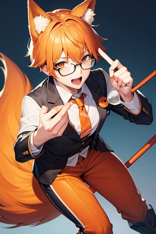 An orange haired man with orange eyes and orange fox ears and an orange fox tail is teaching a class with a pointer and is wearing glasses