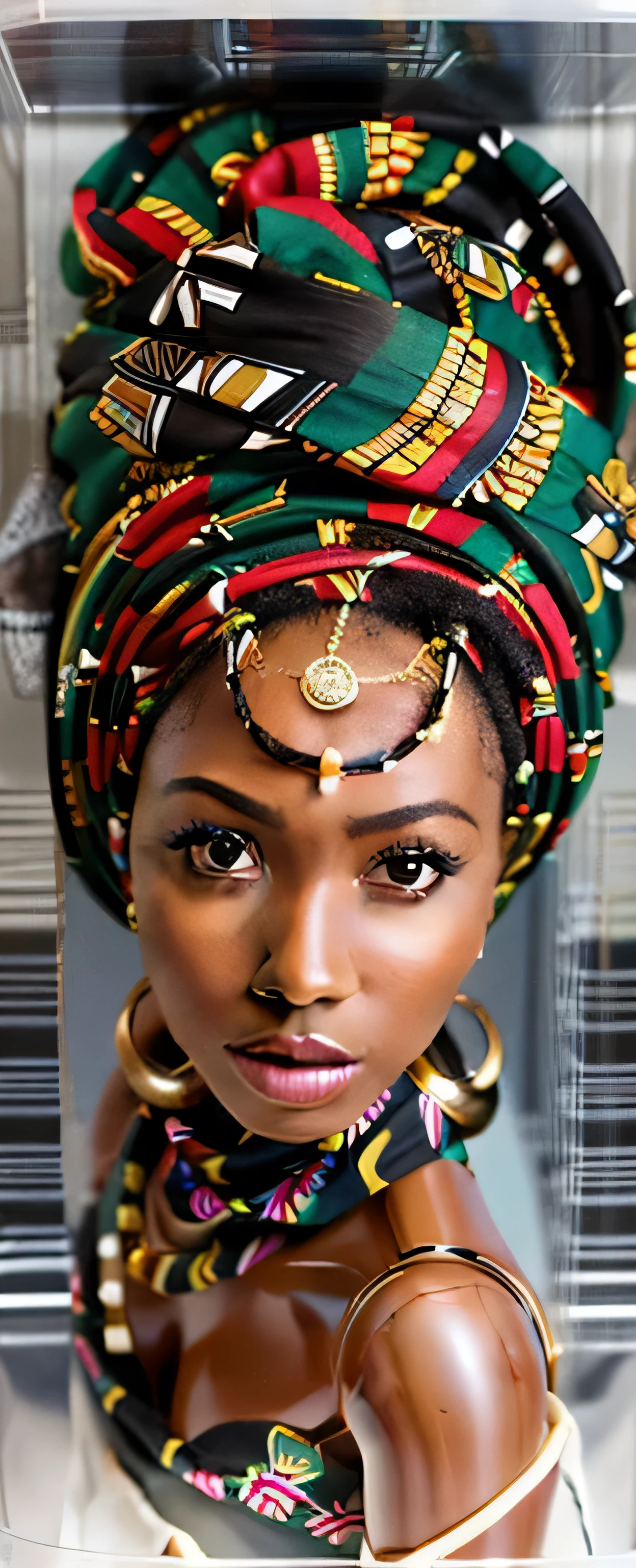 a close up of a doll in a plastic box with a scarf, 布scarf, african queen, African woman, unknown artist, stunning african princess, african princess, traditional beauty, Somali women, hyperrealistic beautiful face, african american woman, black african princess, scarf, ( ( dark skin ) ), stunning beauty, Stunning face, Artist unknown