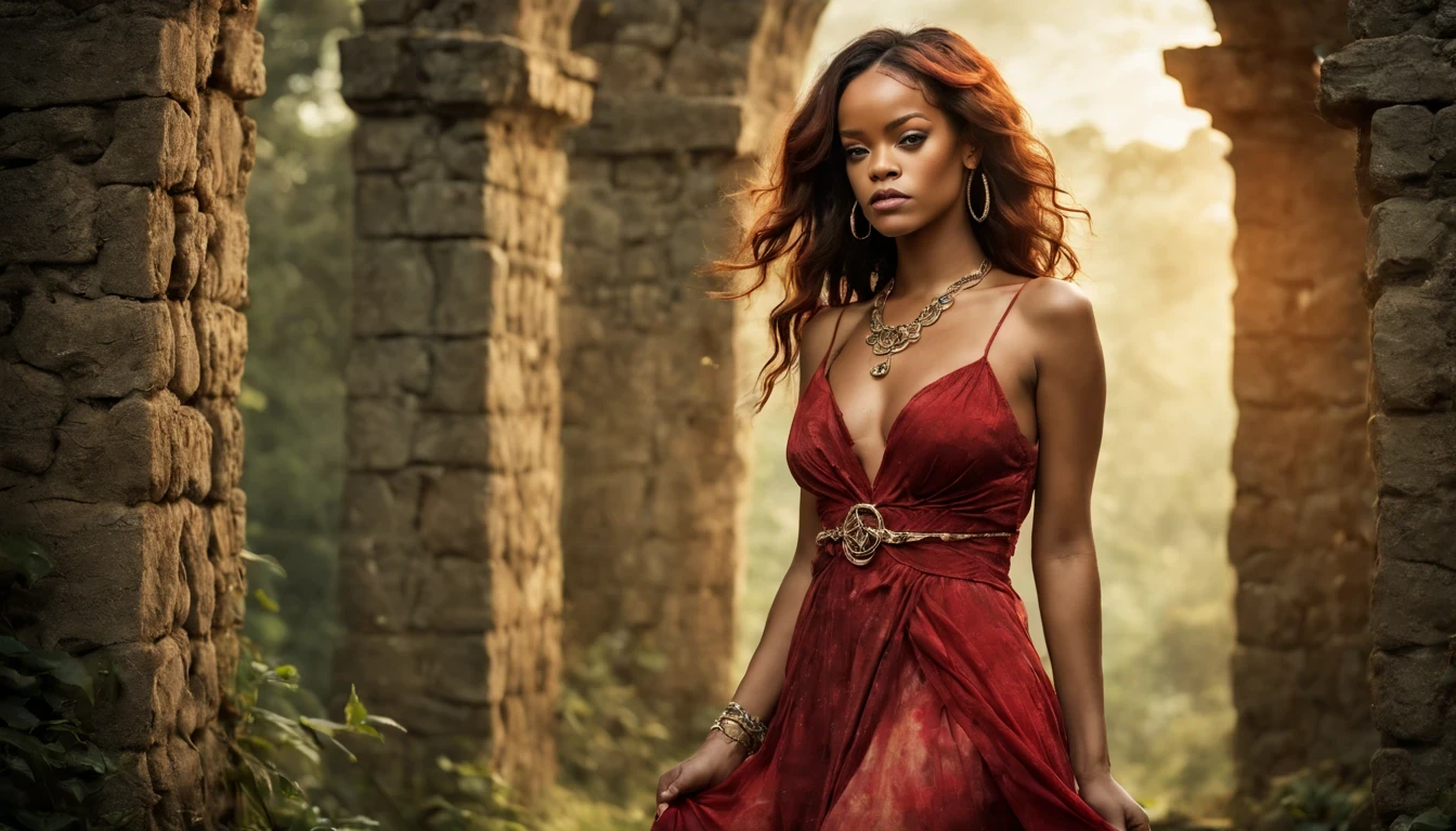Mulher guerreira celta, (Rihanna), (22 anos), Stone ruins, alta e esguia, long flowing red dress with celtic knot jewelry, procriar, watercolor technique, Poster design, 300 DPI, soft lighting, ethereal art, misteriosa, serene expression, atmosfera encantadora, bokeh, foto, 8k, escuro , dynamic action, estilo desbotado, nostalgic dreamer, foco suave, vinhetas escuras, vazamentos de luz, medium shot photograph, Ethereal dark artistic painting, extravagante, coarse-grained photo