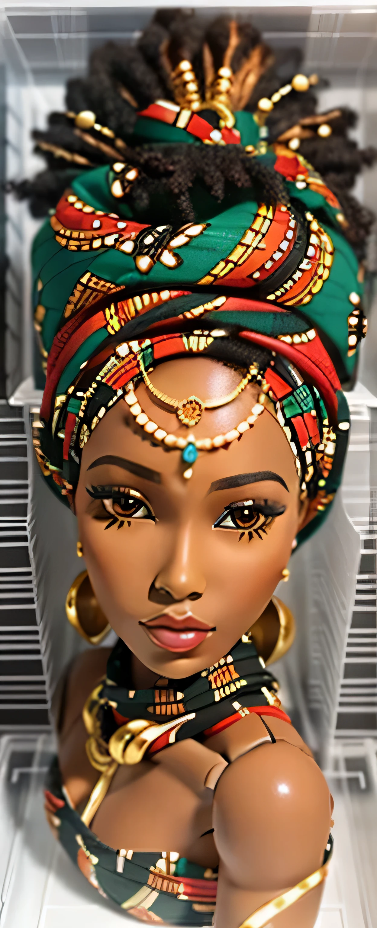 a close up of a doll in a plastic box with a scarf, 布scarf, african queen, African woman, unknown artist, stunning african princess, african princess, traditional beauty, Somali women, hyperrealistic beautiful face, african american woman, black african princess, scarf, ( ( dark skin ) ), stunning beauty, Stunning face, Artist unknown