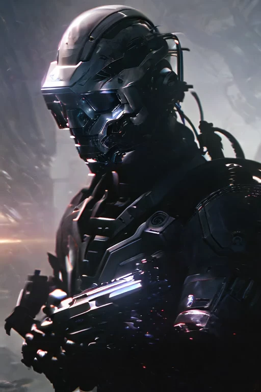 there is a man in a helmet and gloves holding a gun, unreal 6 breathtaking detailed, unreal engine character art, style of raymond swanland, inspired by Marek Okon, ray swanland, inspired by Raymond Swanland, unreal 5 render, wlop. scifi, cybernetic and highly detailed, hyper-realistic cyberpunk style, unreal engine', dark futuristic