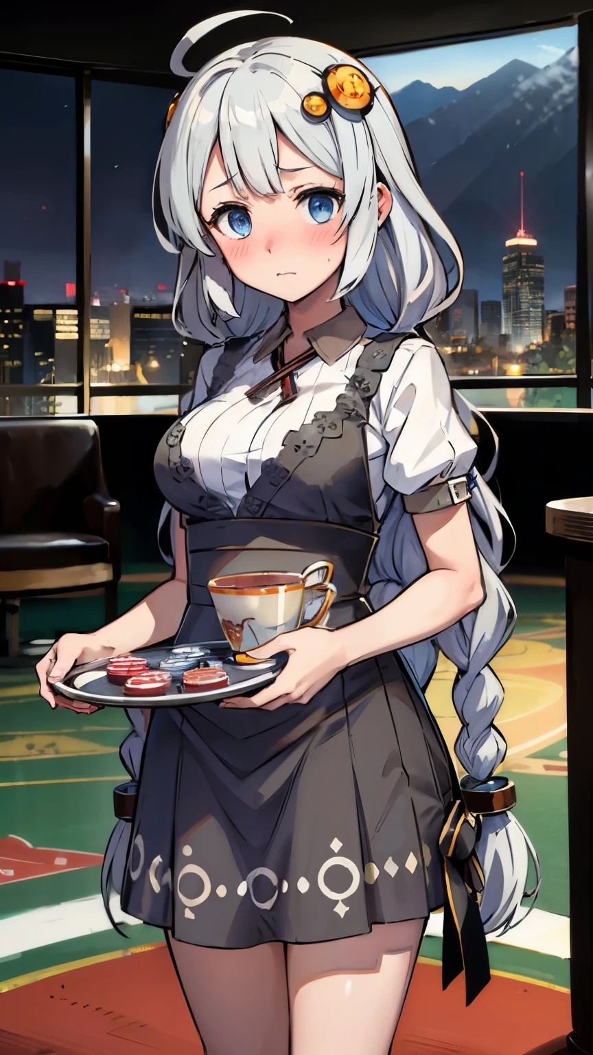 masterpiece,best quality,highres,ultra-detailed,aakari,blue eyes,long hair,ahoge,bangs,twin braids,hair ornament,clerk,casino,holding tray,embarrassed,blush,standing,