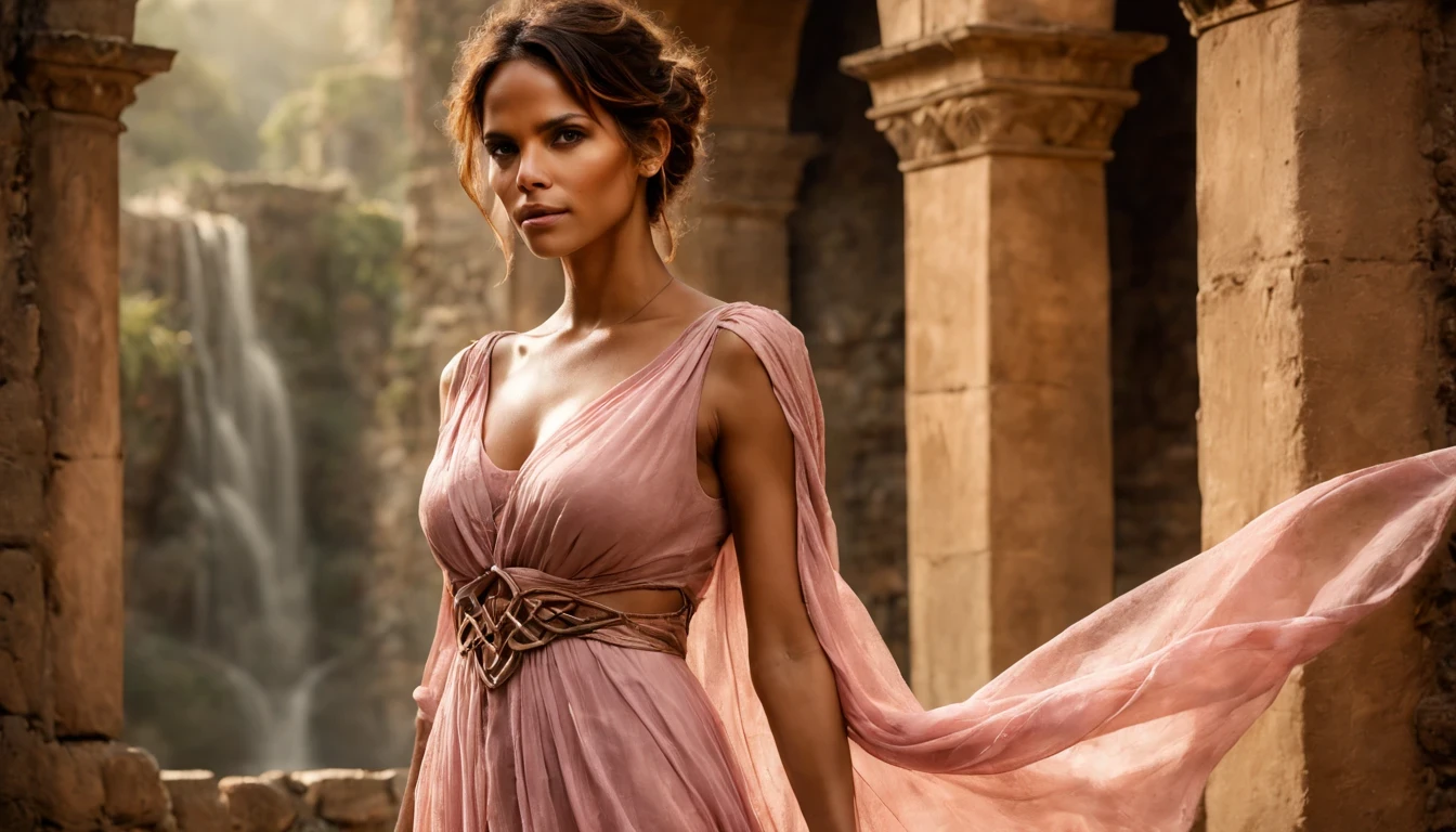 Mulher guerreira celta, (Halle Berry), (22 anos), Stone ruins, alta e esguia, Flowy light pink long dress with celtic knot jewelry, procriar, watercolor technique, Poster design, 300 DPI, soft lighting, ethereal art, misteriosa, serene expression, atmosfera encantadora, bokeh, foto, 8k, escuro , dynamic action, estilo desbotado, nostalgic dreamer, foco suave, vinhetas escuras, vazamentos de luz, medium shot photograph, Ethereal dark artistic painting, extravagante, coarse-grained photo
