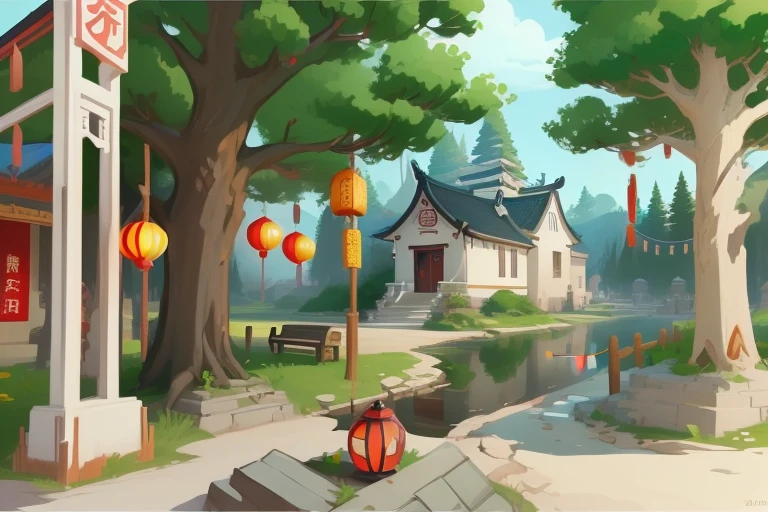 cartoon of a china village with a lot of trees and lanterns, 2D game environment design, background artwork, background art, Stylized digital illustration, House background, Random background scene, 2D game art background, china village, 《The Legend of Korra》set up, point-and-click adventure game, digital cartoon painting art, Cartoon numbers, GTA Chinatown art style