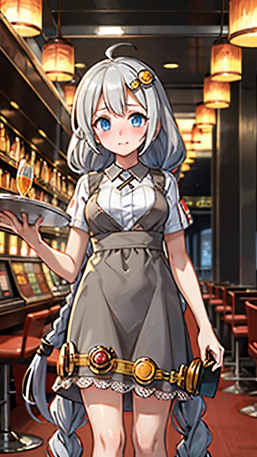 masterpiece,best quality,highres,ultra-detailed,aakari,blue eyes,long hair,ahoge,bangs,twin braids,hair ornament,clerk,casino,holding tray,embarrassed,blush,standing,