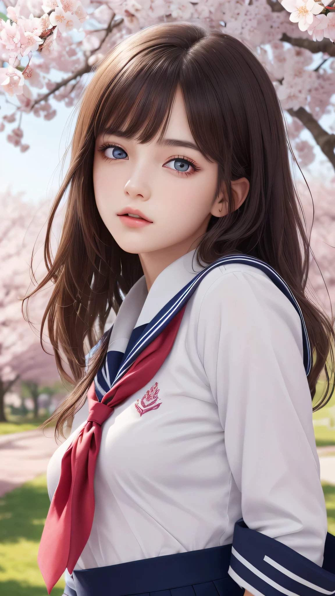 (1young girl), Amazing face and eyes, Pink eyes, (amazingly beautiful girl), (Best Quality:1.4), (Ultra-detailed), (extremely detailed CG unified 8k wallpaper), Highly detailed, High-definition raw color photos, Professional Photography, sailor uniform, school uniform, School, Spring, cherry blossoms,