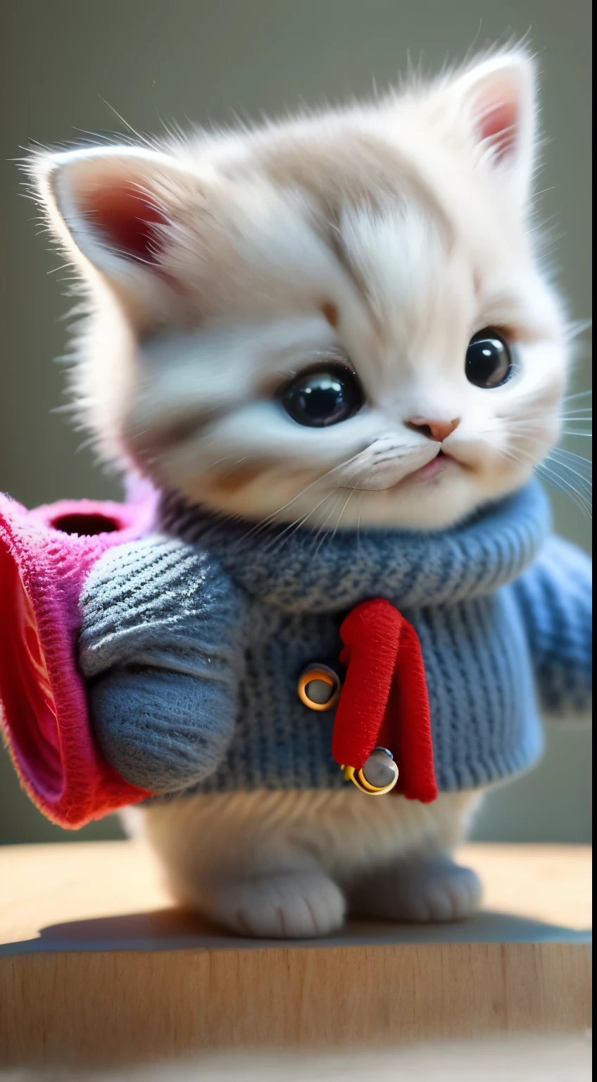 kitten in clothes， miniature kitten， Animal focus， bearded， realistic， POV Hand， ambiguous background，smile，interesting、