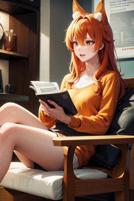 An orange haired man with orange eyes and orange fox ears and an orange fox tail is reading a newspaper in a coffee shop
