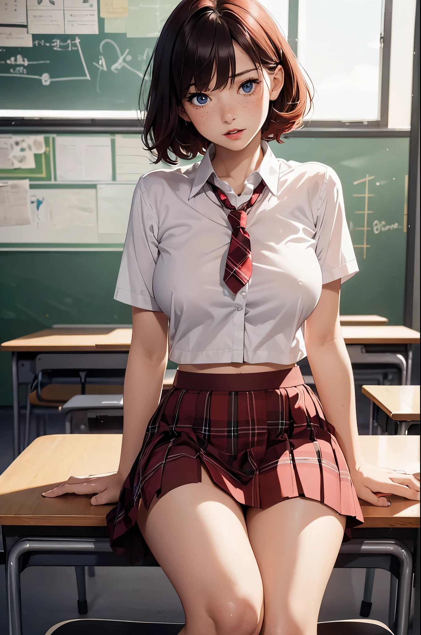 masterpiece, best quality, (photorealistic:1.4), f, classroom, blackboard, a photo of a beautiful woman, full body, sitting on desk, short red hair, no curls, bangs, skinny, tarten school uniform, freckles, blue eyes, voluptuous breasts, erect nipples, school badge, tight small short sleeved shirt, white socks, red lips, underboob, short skirt, nervous facial expression, shirt torn, bra, knickers in handt