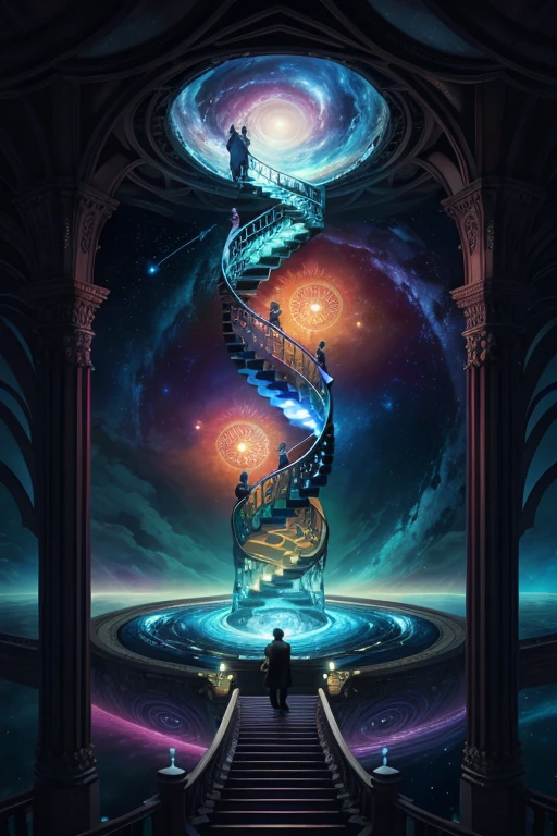 Highly detailed art in 4K,DreamlikeArt、detailed dreamscape、dreamy psychedelic、intricate、Epic composition、looking out into the cosmos,Stable diffusion cues:Gaze at the Infinite Whirlpool Library,There are endless books inside、Flight page、Spiral staircase、Cinematic atmosphere、Negative dark mode、MC Escher、Senseijaye Art、Matrix atmosphere、Rotate digital codes and matte paintings。