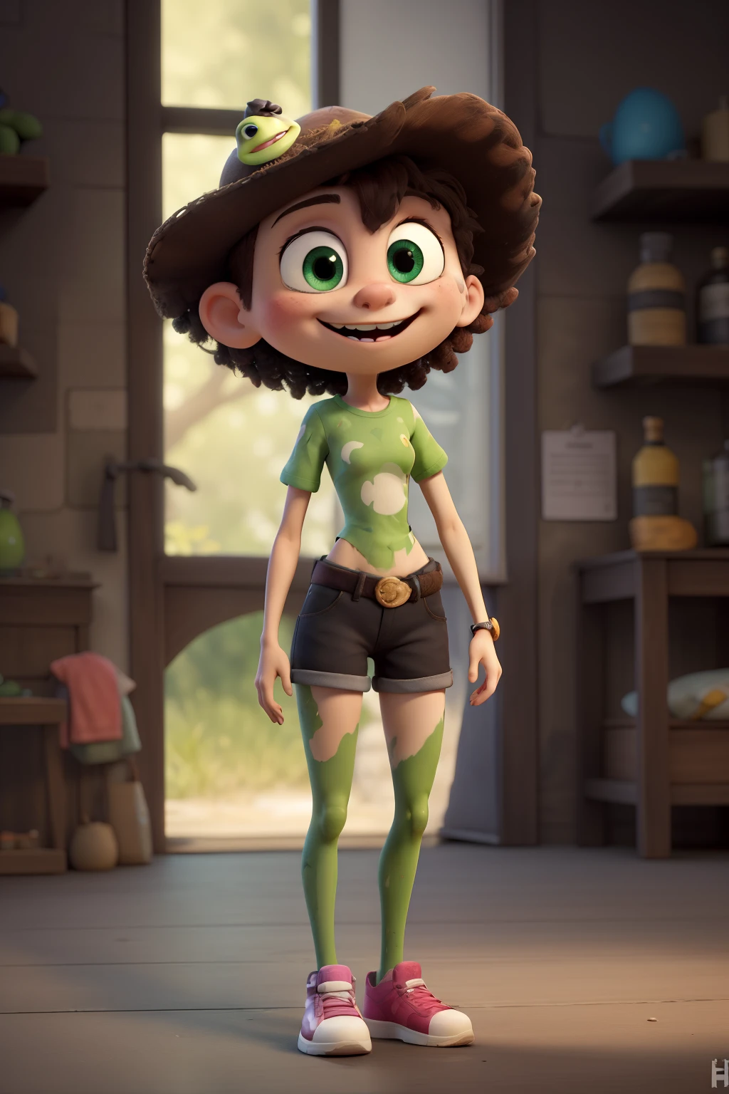 An 11 year old frog, humanoide, con piel verde oscura y manchas negras, ojos amarillos, pupilas negras, que viste un overol short de color vino, una camiseta color hueso, unos guantes de dama color hueso y unas medias color hueso sucias porque anda descalza, with the drawing style of the amazing world of Gumball and being in good shape with a small waist and two big, soft legs, and has a charismatic pose, mischievous and smiling, and that she is in a magical and mysterious forest while she is there she does not realize that she is not wearing panties accidentally showing her vagina