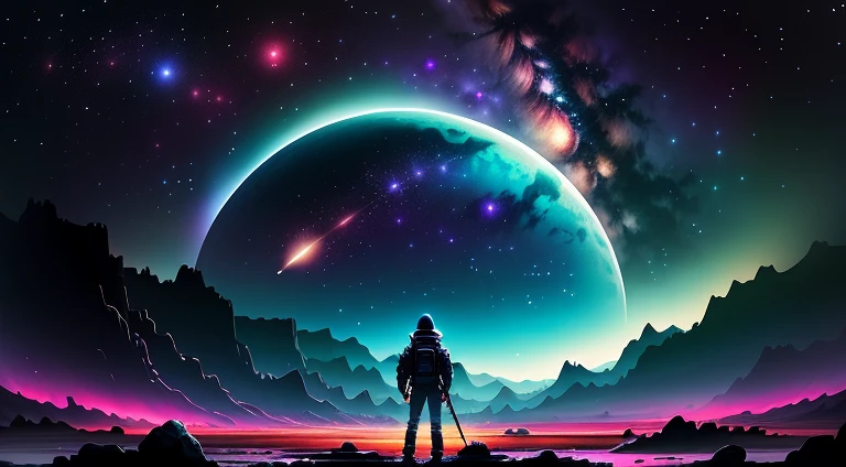 Vast landscape photo, (look from back，Sky above and open space below), Epic image of a man with dagger shapped weapons in each hand, looks at the stars in the sky from a rock, cosmos, Look at the universe, Highly Detailed 4K Digital Art, lost in the milky void, Paper awesome wallpaper, artgem and beeple masterpiece, 8k stunning art, 8K HD digital art wallpaper, lost in the immensity of space, Some planets, bla standing in a flower field and looking up, Wearing a light armor, short detailed hair, Face away from the picture, (meteors), (Starcloud), Distant mountains, intricately details, (Masterpiece:1.2), (Best quality), 4K, Ultra detail, (Dynamic composition), High detail, Colorful detailed, (dark luminous lighting, Atmospheric lighting), Dreamy, magical, (Solo:1.2), Sparkle, god light, diffraction spikes
