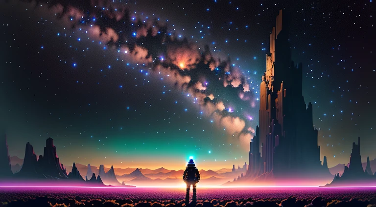 Vast landscape photo, (look from back,Sky above and open space below), Epic image of a man with dagger shapped weapons in each hand, looks at the stars in the sky from a rock, cosmos, Look at the universe, Highly Detailed 4K Digital Art, lost in the milky void, Paper awesome wallpaper, artgem and beeple masterpiece, 8k stunning art, 8K HD digital art wallpaper, lost in the immensity of space, Some planets, bla standing in a flower field and looking up, Wearing a light armor, short detailed hair, Face away from the picture, (meteors), (Starcloud), Distant mountains, intricately details, (Masterpiece:1.2), (Best quality), 4K, Ultra detail, (Dynamic composition), High detail, Colorful detailed, (dark luminous lighting, Atmospheric lighting), Dreamy, magical, (Solo:1.2), Sparkle, god light, diffraction spikes