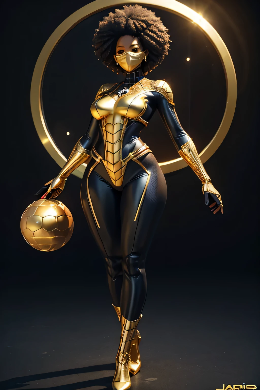 HD, dark skinned, female, age 18, humanoid, honey, afro hair, Jackie Parris, ((((Jackie Parris)))), thicc build, smiling, full body cgsociety, 3 d character art, full character body, detailed full body concept, stylized character, spider-man gold and black costume, mask, golden metal sphere drone