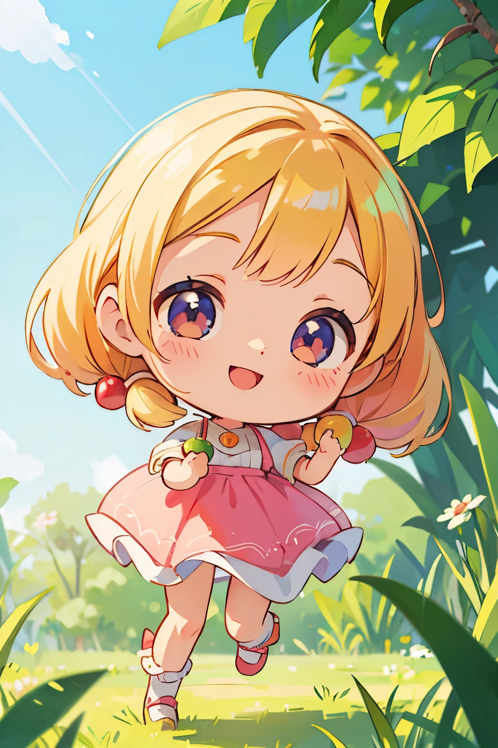 (photorealistic:1.37)、octane rendering、Chibi girl doll in the center of a fruit platter、Girl has twin tail hairstyle and smiles、Bright colors、soft sunlight、playful atmosphere、peaceful environment、detailed texture、Bright colors、cute shoes with accessories、He looks happy