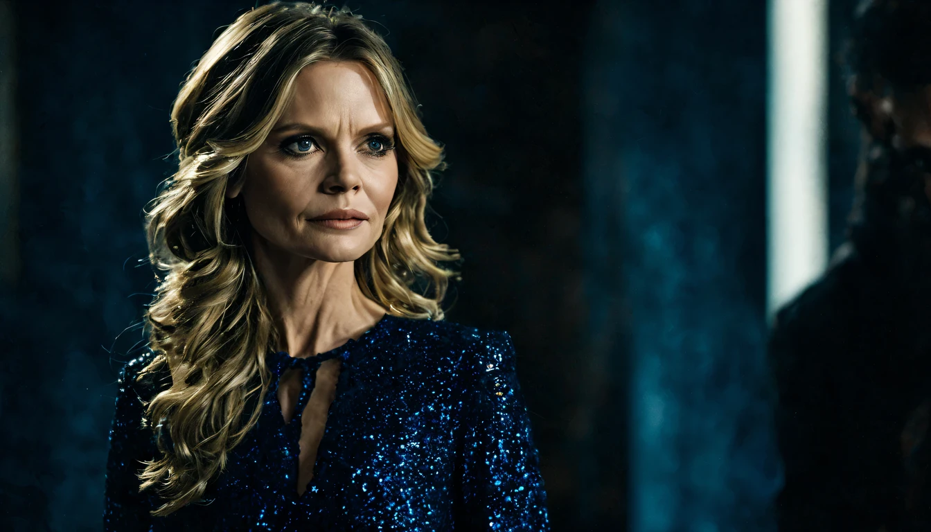 (obra-prima), (melhor qualidade), ((ultradetalhada)), (hiperrealista), (foto altamente detalhada), cinematic lighting, fotorrealista, jovem extremamente bonita (Michelle Pfeiffer), (22 anos), no interior da Europa, vestido Azul Escuro brilhante detalhado e intrincado, brilhante, lustroso, sharp , glamour, epic, foco, alto contraste, artistic, scenic