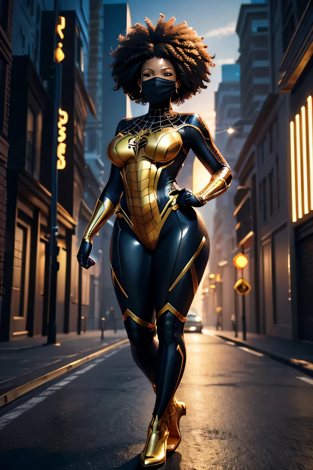 HD, dark skinned, female, age 18, humanoid, honey, afro hair, Jackie Parris, ((((Jackie Parris)))), thicc build, smiling, full body cgsociety, 3 d character art, full character body, detailed full body concept, stylized character, spider-man gold and black costume, mask