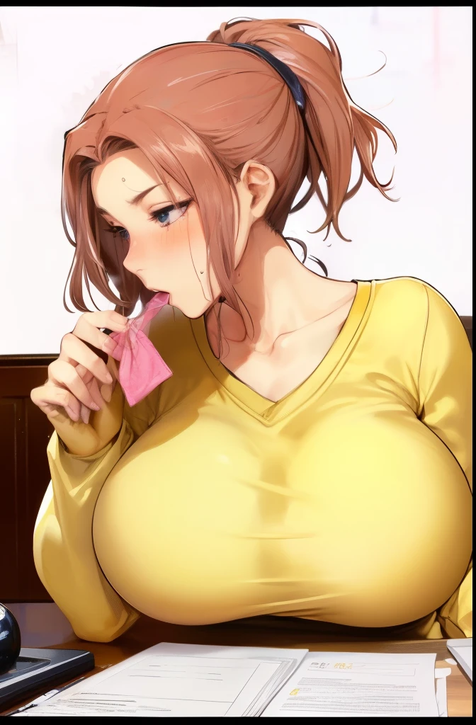 Masterpiece, best quality, detailed face, detailed eyes, HULisa, ponytail, , ribbed sweater, office, desk, computer, sitting, office lady, office chair, tyle - King Bun: 0.8) ((sweaty blush, , biting on a condom, hol condom with semenom on the chcondom use))、(((迸る汗、オイル肌,キラキな肌の質感、詳細な美しい肌、テカる肌、光沢のある白い肌)))