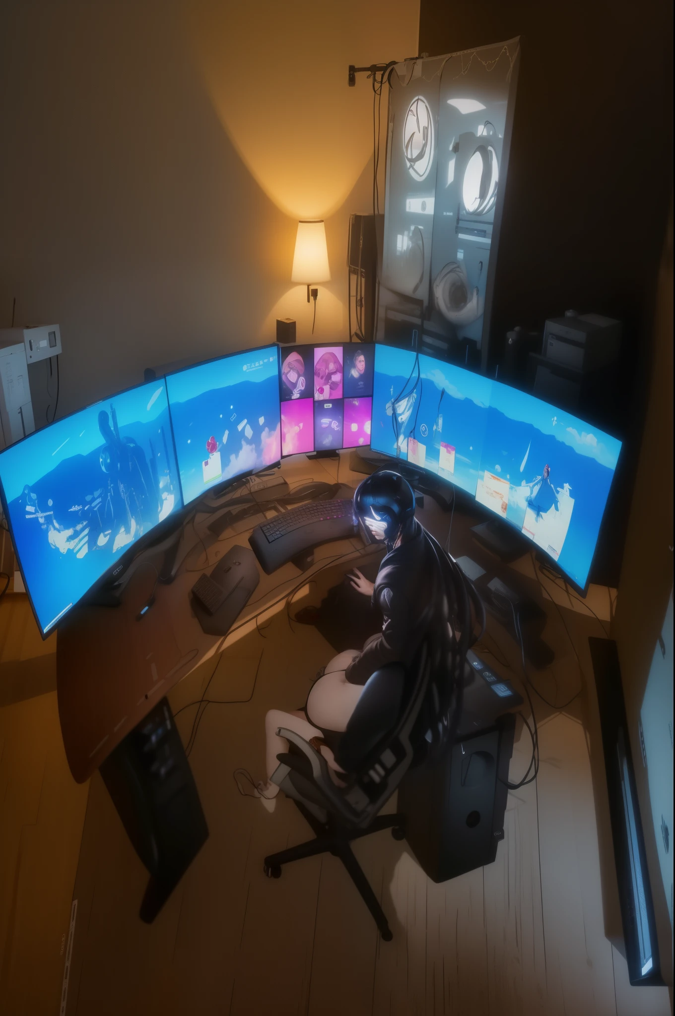 a view of a living room with a computer desk and two monitors, epic ultrawide shot, many monitors, multiple desks, big desk, 8 k wide shot, ultrawide establishing shot, desktopography, many screens, floating monitors, gaming room, computer setup, huge computer screens, satisfying cable management, ultrawide, dark setup, cyberpunk setting