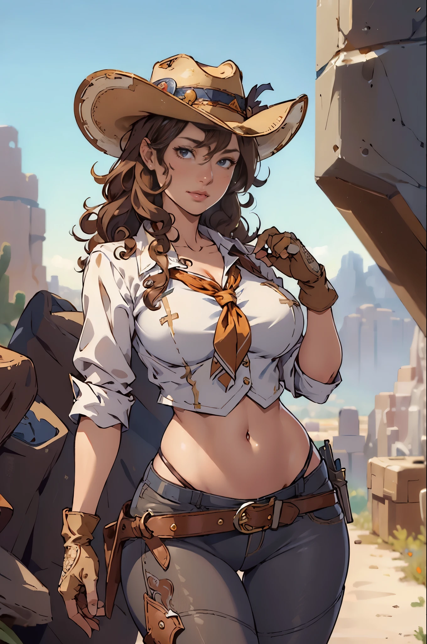 (((((solo))))),(((((masterpiece))))), (((((best quality))))),(((((highly detailed))))), finely detailed, Depth of field,detailed clothes, ((cygames)), highres,
1girl, bangs, (beautiful detailed face:1.3), collarbone, collared shirt, ((white shirt)), button open to show cleavage, show belly, grey eyes, brown hair, ((curly hair)), cleavage, ((cowboy)), (cowboy hat:1.3), short gloves. fingerless gloves, hat, medium breasts, navel, neckerchief, long hair, grey zinc, healthy thighs, gun belt ,cowboy western, sunny desert background, thigh gap