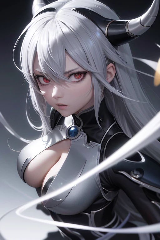 Anime character with silver hair and dragon horns, chiaroscuro style, heterochromatic slit and snake pupils, scared expression tearing up, three-sided view, wide shot, Sony FE GM camera capturing every detail in 8k resolution, chromatic aberration and stereogram effects adding depth, symmetry in every line and curve, intricately rendered in anime style, best quality and ultra high-definition (1.0), cinematic lighting creating dramatic contrasts. (masterpiece) (detailed) (HDR) (wallpaper) (ultra sharp focus) (cinematic) (stunningly beautiful) (anime) (stereoscopic 3