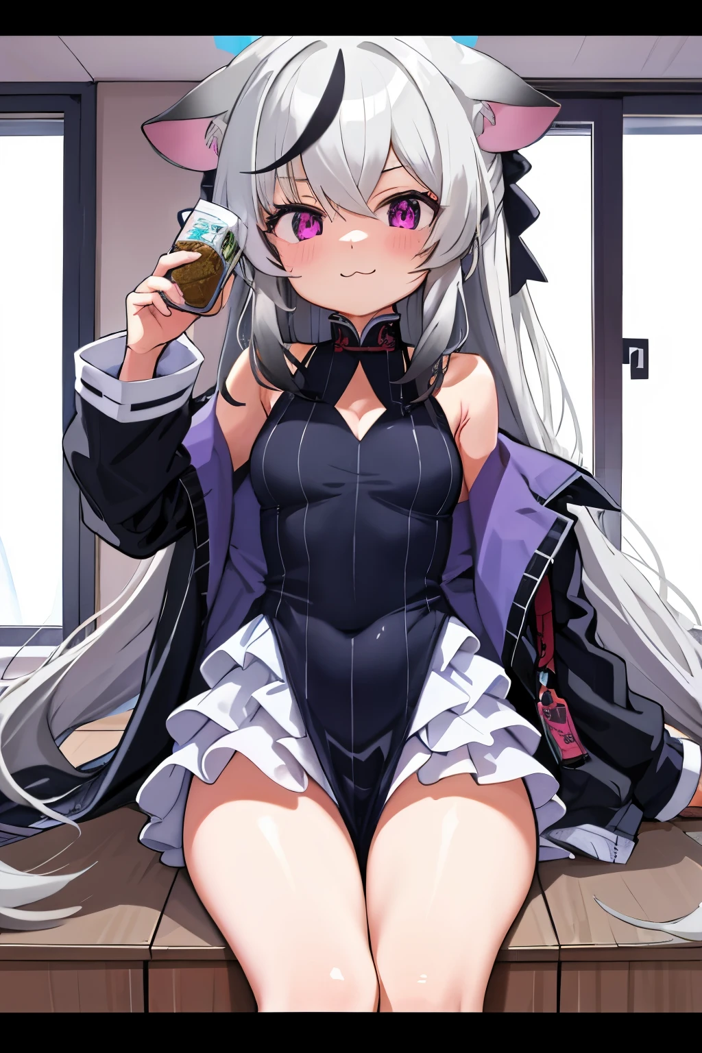 tmasterpiece, best qualtiy, ultra - detailed, 1girll,Gray hair Kokona, inside in room, Purple eye, :3,the face closeup cleavage, Winter suit, winter wonder