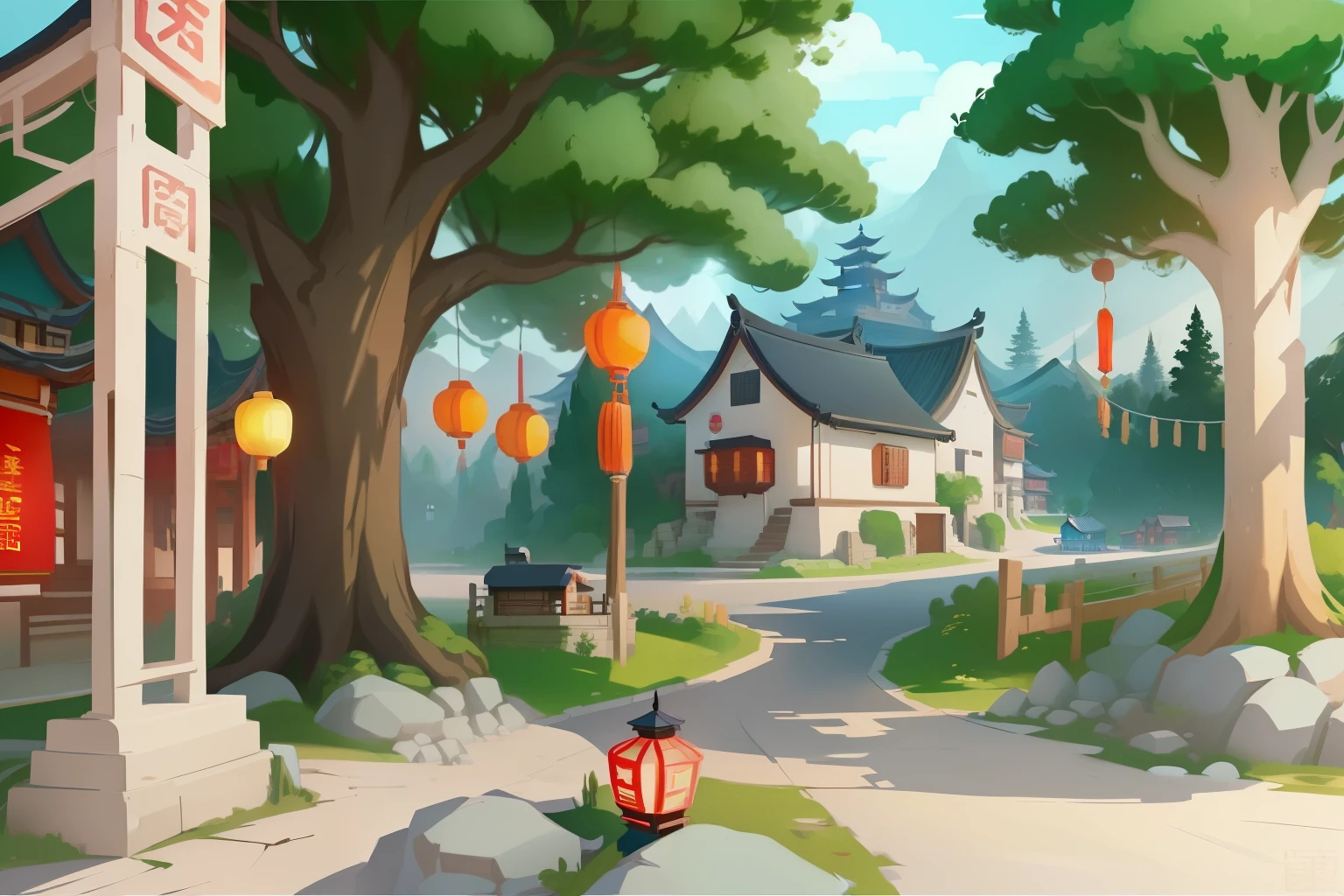 cartoon of a china village with a lot of trees and lanterns, 2D game environment design, background artwork, background art, Stylized digital illustration, House background, Random background scene, 2D game art background, china village, 《The Legend of Korra》set up, point-and-click adventure game, Digital cartoon art, Cartoon numbers, GTA Chinatown art style