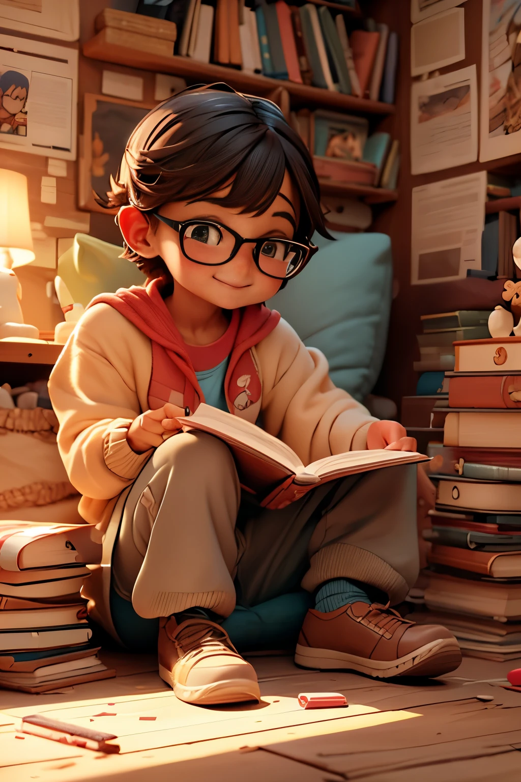 (best quality,highres:1.2),ultra-detailed,(realistic:1.37),(HDR,UHD),vivid colors,studio lighting,sharp focus,physically-based rendering
A cute  reading a manga happily, portraying a nerdy boy.

Medium: Illustration
Additional Details: The  is sitting on a cozy bean bag chair, surrounded by piles of books and toys. The setting is in a brightly lit room with a large window, showcasing a beautiful outdoor scenery. The  is wearing glasses and has a big smile on their face. They are fully engrossed in reading the manga, with their finger tracing the lines on the page. The room is decorated with posters of their favorite anime and manga characters. The 's excitement is evident through their animated facial expressions and their eyes filled with wonder.