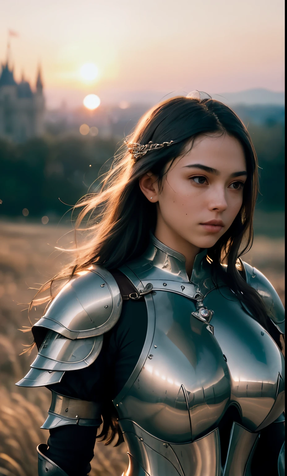 (masterpiece), (extremely complex:1.3), (actual), portrait of a girl, the most beautiful in the world, (medieval armor), metal reflection, Upper body, outdoor, strong sunlight, Distant castle, Detailed professional photo of a stunning woman, sharp focus, dramatic, Award-winning, Cinema lighting, Unreal Engine Octane Rendering, Volumedtx, (film grain, blurred background, Blurred foreground, Bokeh, depth of field, Sunset, motion blur:1.3), chain armor,Big breasts,Chest straight
