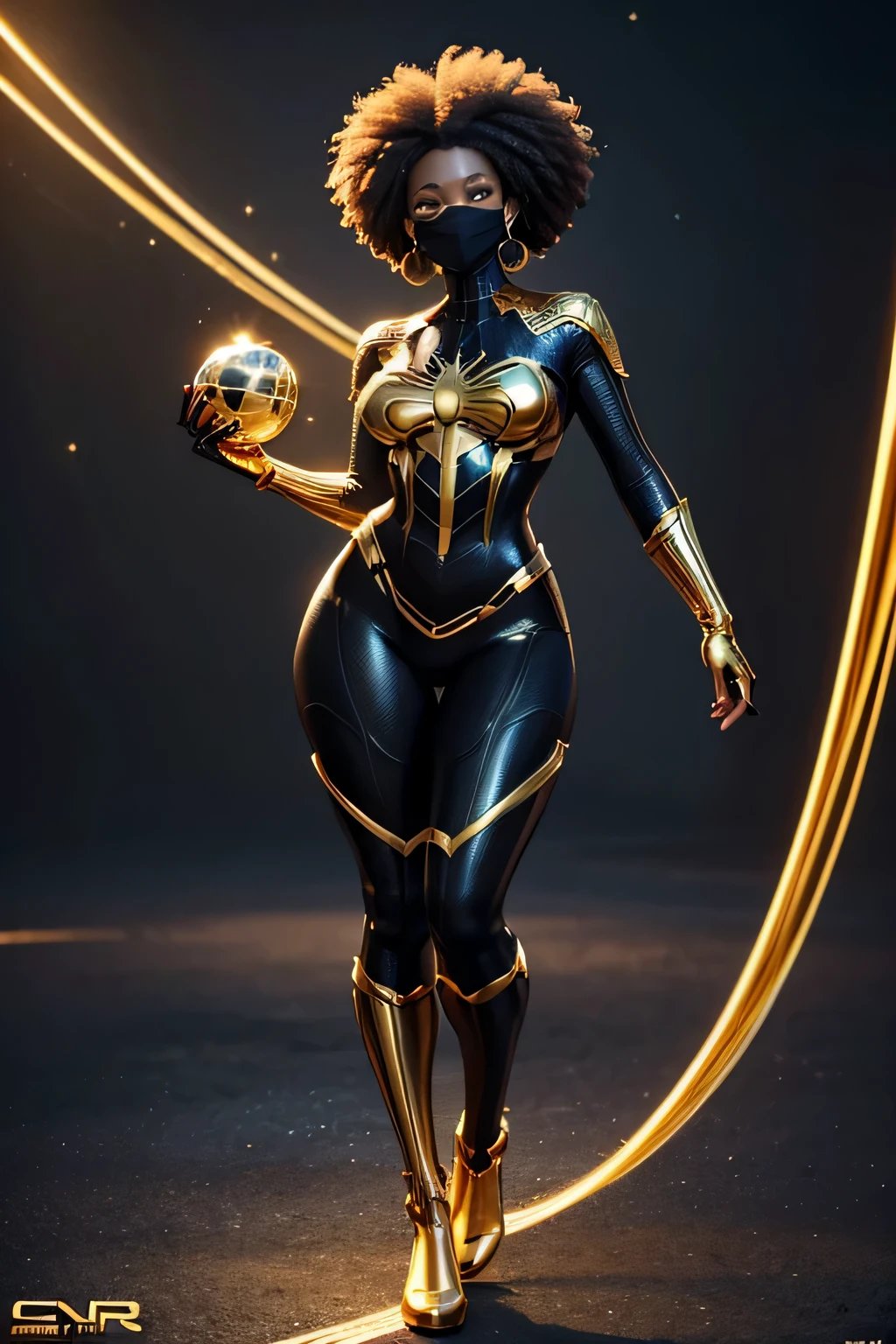 HD, dark skinned, female, age 18, humanoid, honey, afro hair, Jackie Parris, ((((Jackie Parris)))), thicc build, smiling, full body cgsociety, 3 d character art, full character body, detailed full body concept, stylized character, spider-man gold and black costume, mask, golden metal sphere drone