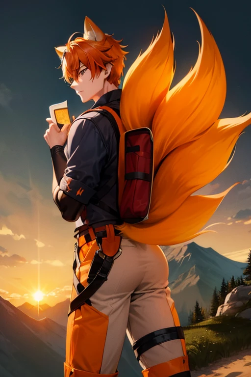 An orange haired man with orange eyes and orange fox ears and an orange fox tail is hiking the mountain with a notebook in his palm