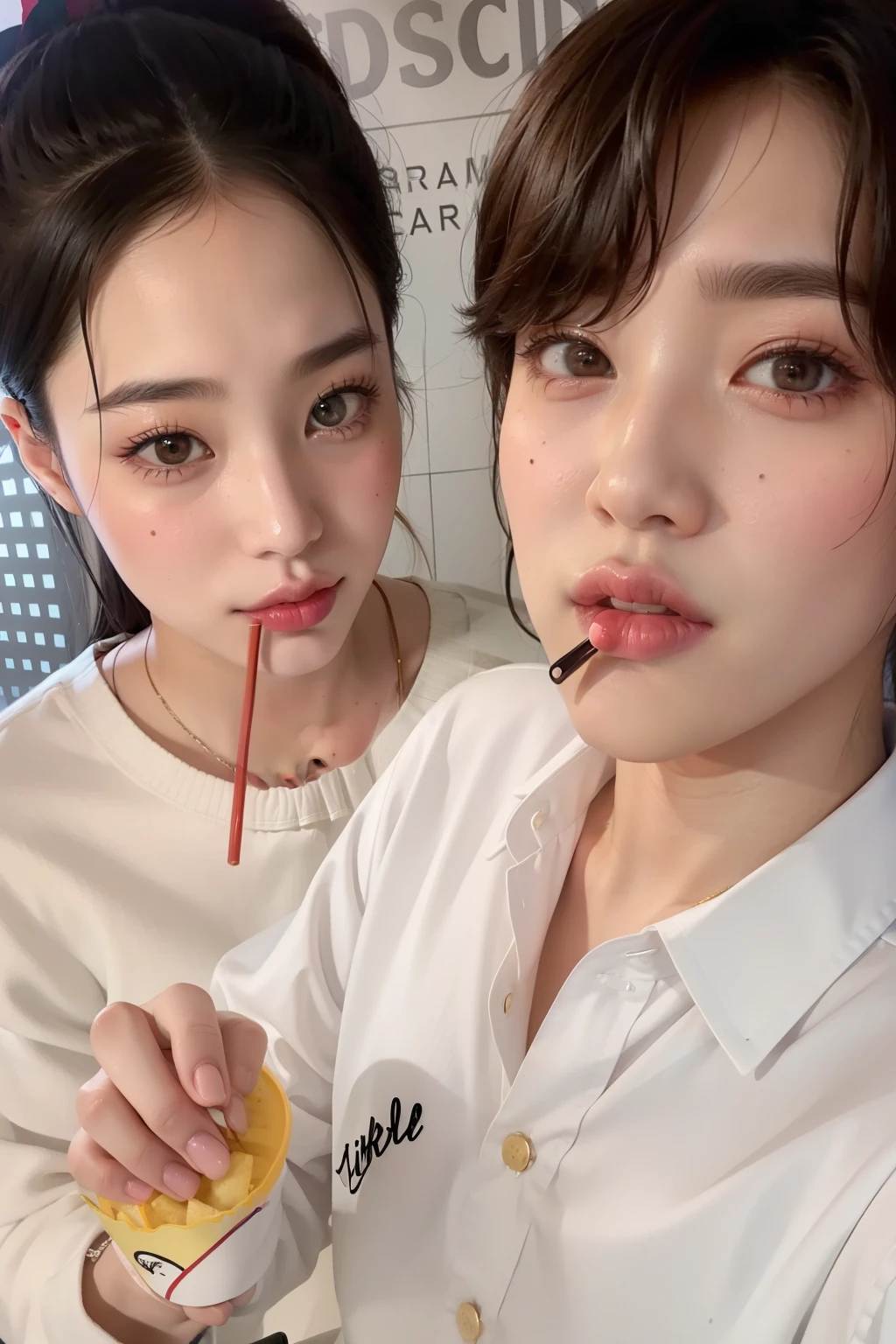 there are two people that are posing for a picture together, with a straw, jimin\'s plump lips, jungkook, taejune kim, blackpink jennie, jinyoung shin, taehyung eating gucci fries, smooth in _ the background, shin jeongho, they are siblings, mukbang, profile pic, ❤🔥🍄🌪, kim doyoung
