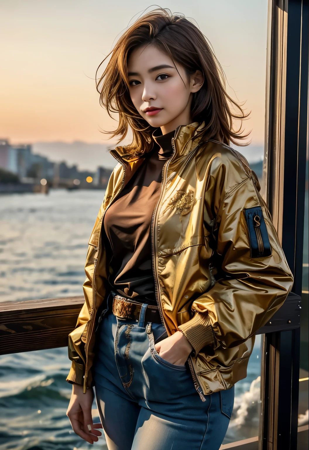(highest qualityの, highest quality, beautiful and aesthetic:1.2), (1 Japanese female), very detailed,sexy woman,best details, brown hair,composition of golden ratio, dynamic line of sight,Wearing a dress,Sunset background
