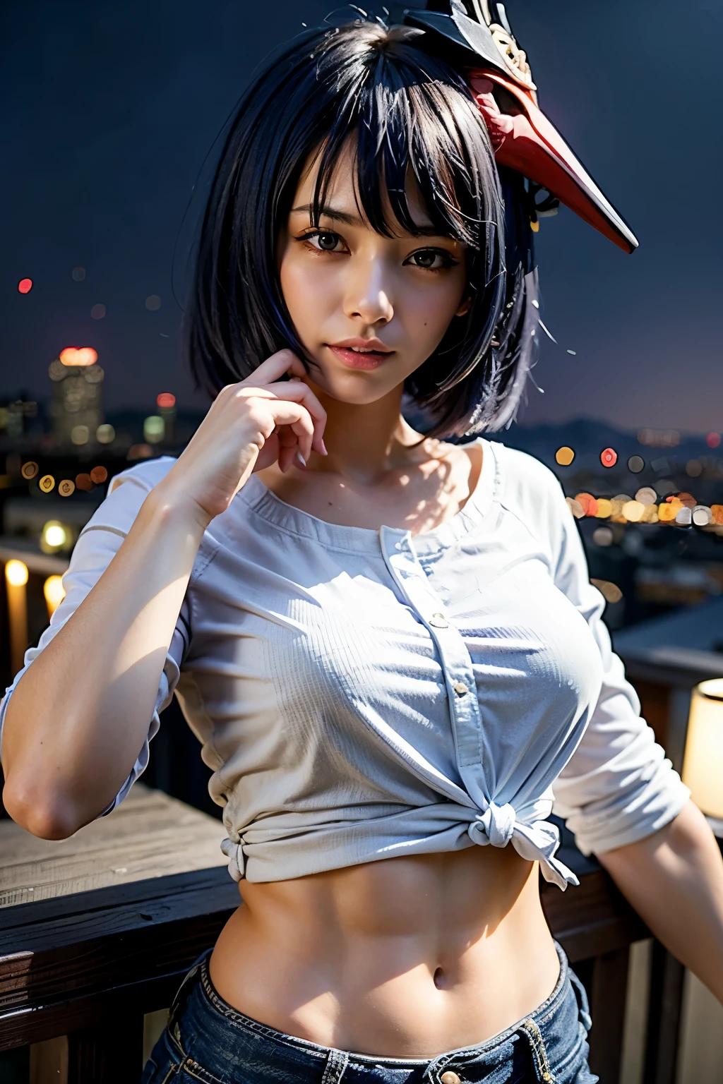 ((Long sleeved knotted business shirt, dark blue jeans)), iron belt, heels, ((midriff, navel, upper body)), high quality, best quality, high details, masterpiece, 2k, 4k, old japanese city street, night, sit on stone wall, sexy pose, evil smile, looking at viewer,(kujou sara:1.3), mask on head, blue hair, short hair, yellow eyes