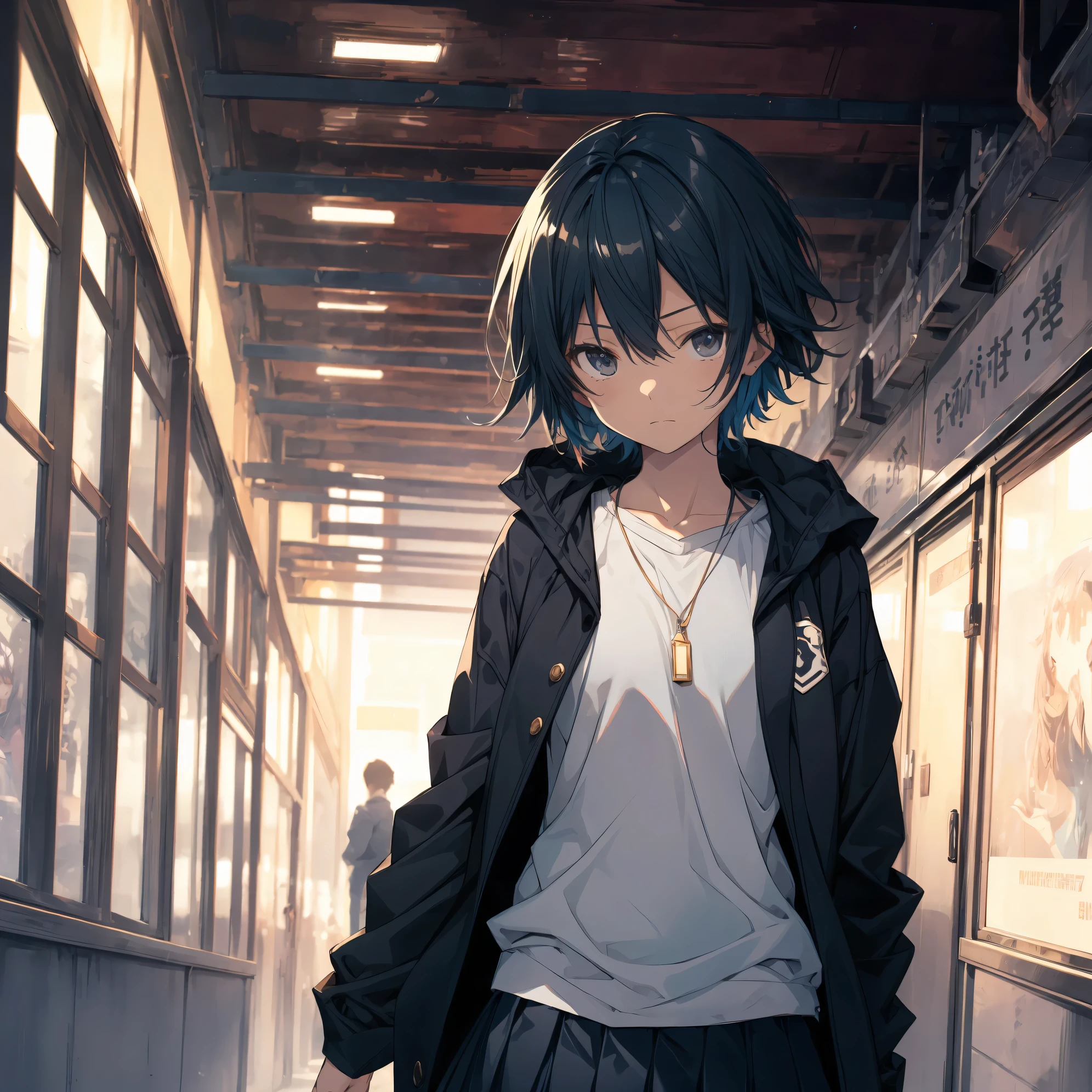 Super high quality by the art god, super detailed, High resolution,Shinkai Makoto style, anime moe art style, best anime 8K konachan wallpaper, pixiv contest winner, perfect anatomy, break,(眠そうにalone学校へ行く女の子を描いてください. ),break, surreal high school girl, (alone,lolita, , :1.3),All limbs, full finger,, androgynous charm, (very short hair), messy hair, flat chest, , small ass, between legs, Small black eyes,beautiful and fine eyes, Well-proportioned iris and pupils, disgusted eyes, High resolutionの詳細な髪, wearing school uniform, (skirt), On the way to school. break,super dense skin, Best lighting by famous artists, 8K, figure,