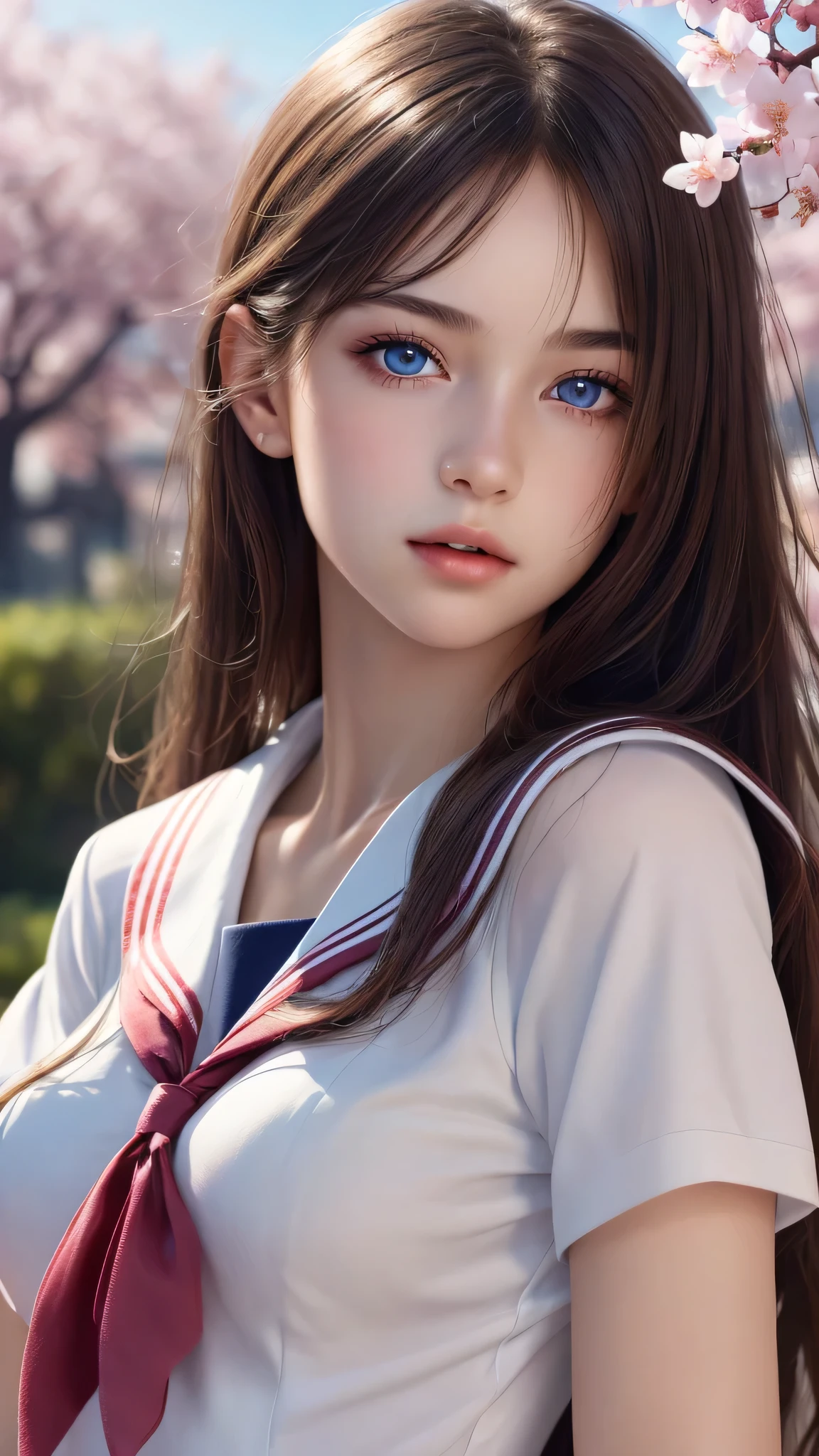(1ung girl), Amazing face and eyes, Pink eyes, (amazingly beautiful girl), (Best Quality:1.4), (Ultra-detailed), (extremely detailed CG unified 8k wallpaper), Highly detailed, High-definition raw color photos, Professional Photography, sailor uniform, school uniform, School, Spring, cherry blossoms,