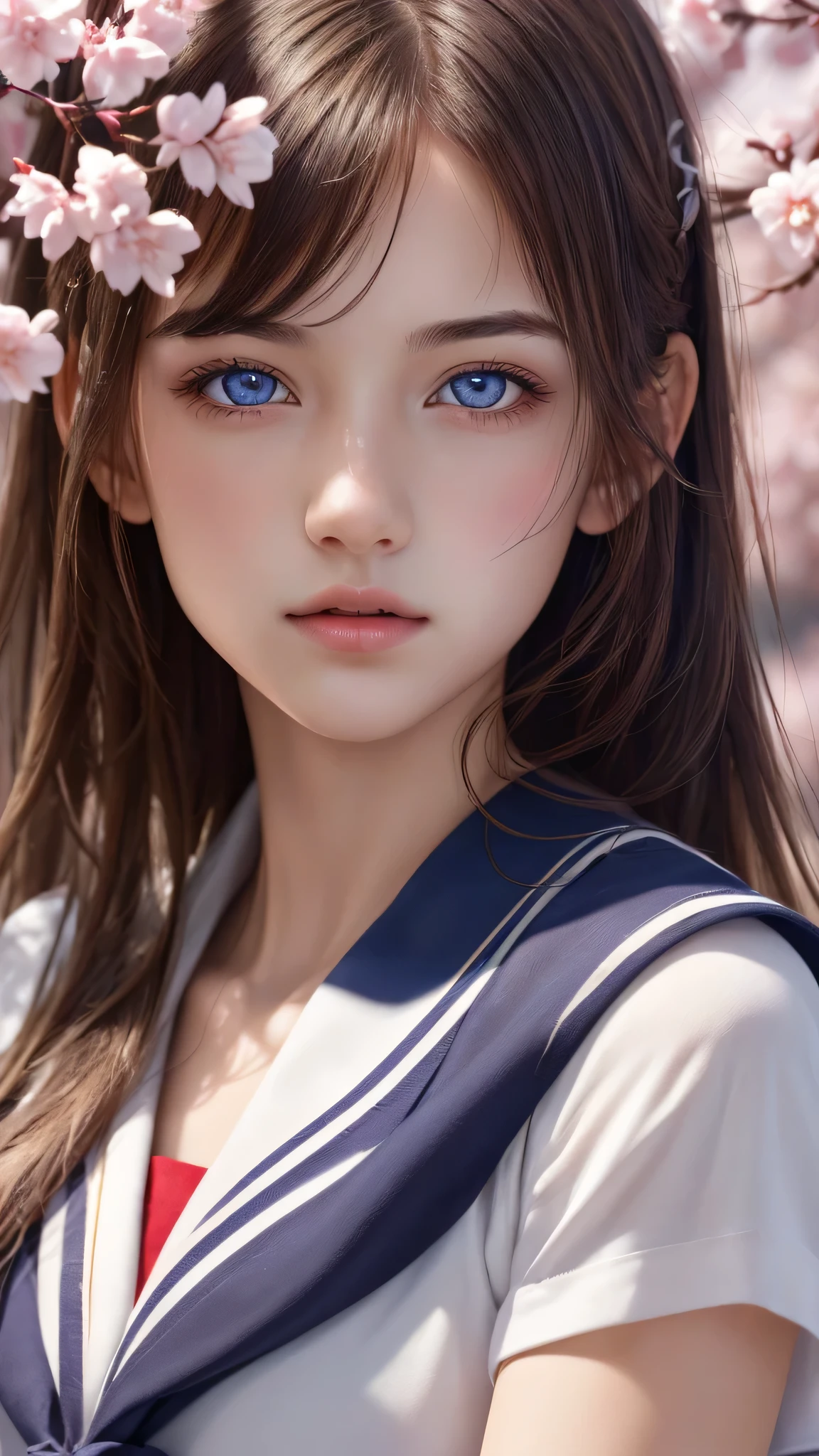 (1young girl), Amazing face and eyes, Pink eyes, (amazingly beautiful girl), (Best Quality:1.4), (Ultra-detailed), (extremely detailed CG unified 8k wallpaper), Highly detailed, High-definition raw color photos, Professional Photography, sailor uniform, school uniform, School, Spring, cherry blossoms,